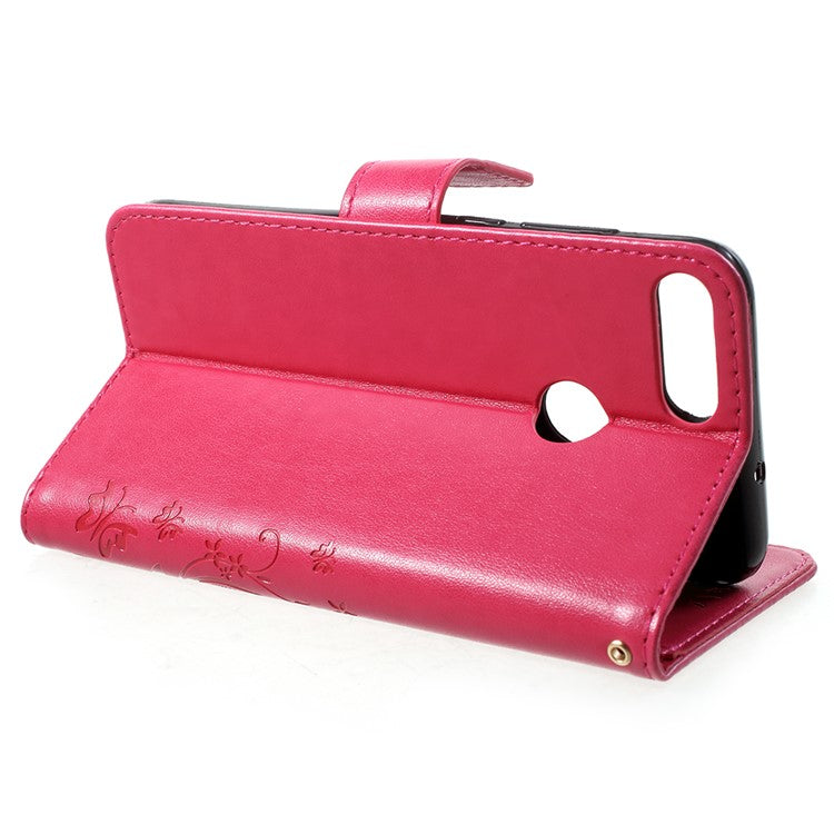 Imprint Butterfly Flower Leather Wallet Stand Shell for Huawei P Smart / Enjoy 7S - Rose