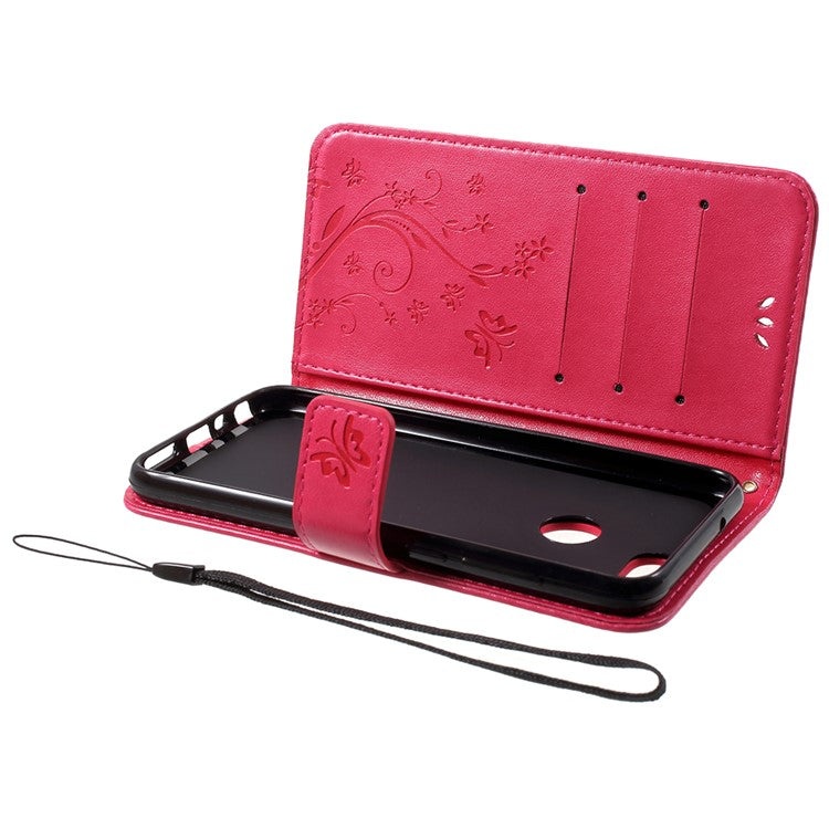 Imprint Butterfly Flower Leather Wallet Stand Shell for Huawei P Smart / Enjoy 7S - Rose