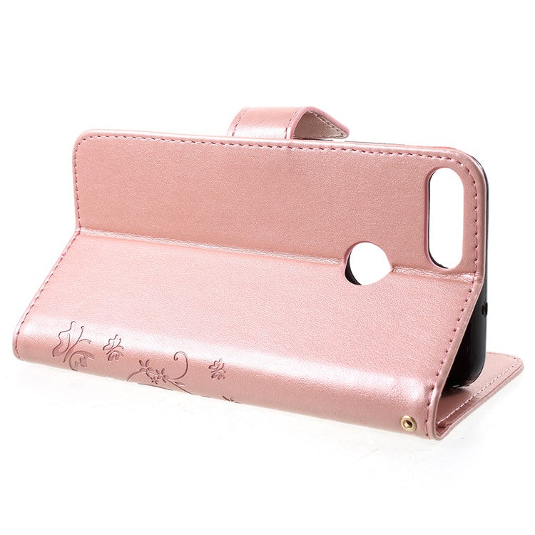 Imprint Butterfly Flower Leather Wallet Stand Flip Case for Huawei P Smart / Enjoy 7S - Rose Gold