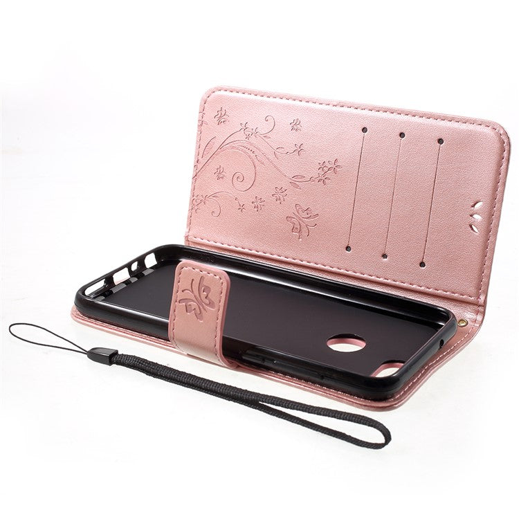 Imprint Butterfly Flower Leather Wallet Stand Flip Case for Huawei P Smart / Enjoy 7S - Rose Gold