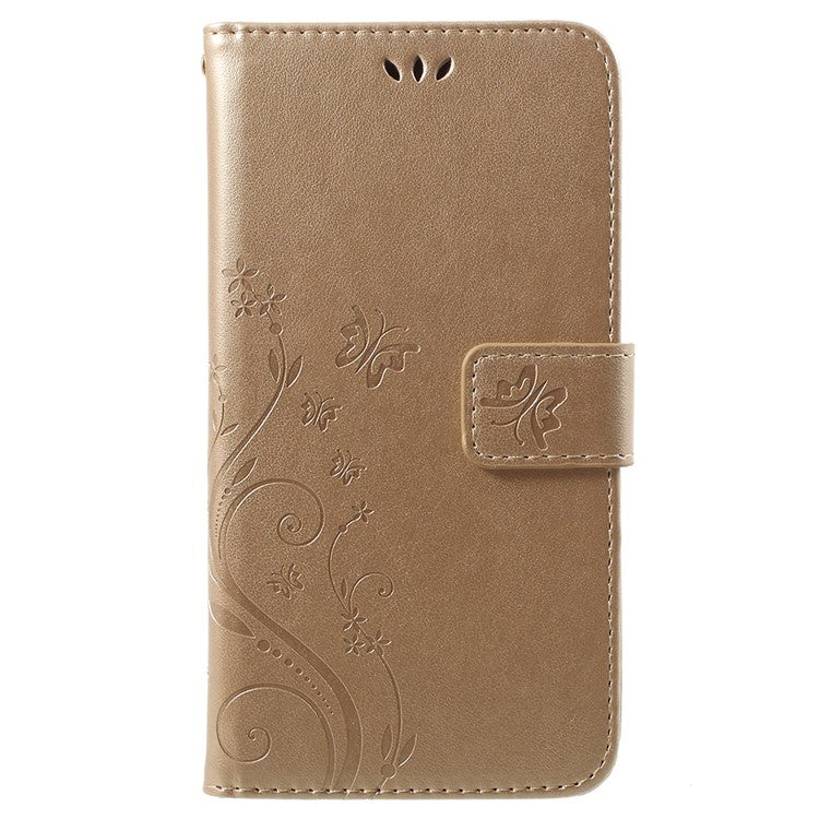 Imprint Butterfly Flower Leather Wallet Stand Phone Casing for Huawei P Smart / Enjoy 7S - Gold