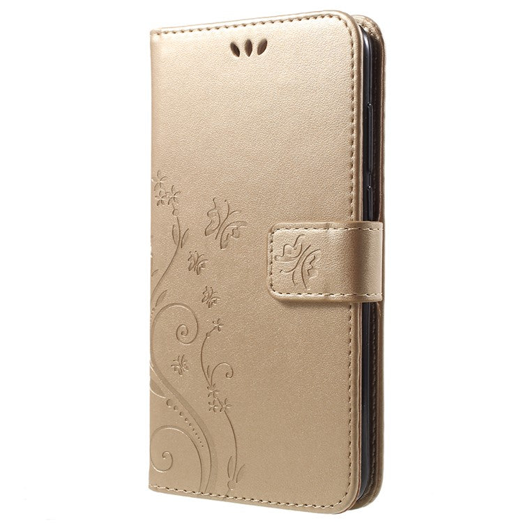 Imprint Butterfly Flower Leather Wallet Stand Phone Casing for Huawei P Smart / Enjoy 7S - Gold