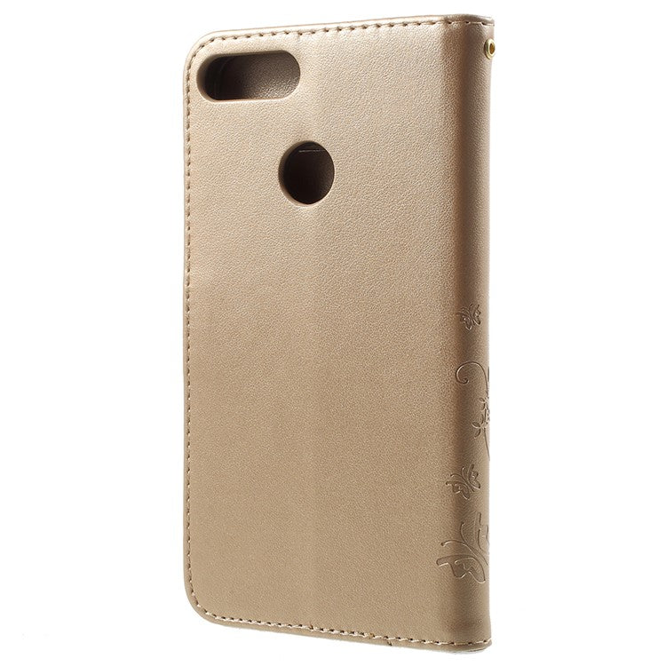 Imprint Butterfly Flower Leather Wallet Stand Phone Casing for Huawei P Smart / Enjoy 7S - Gold
