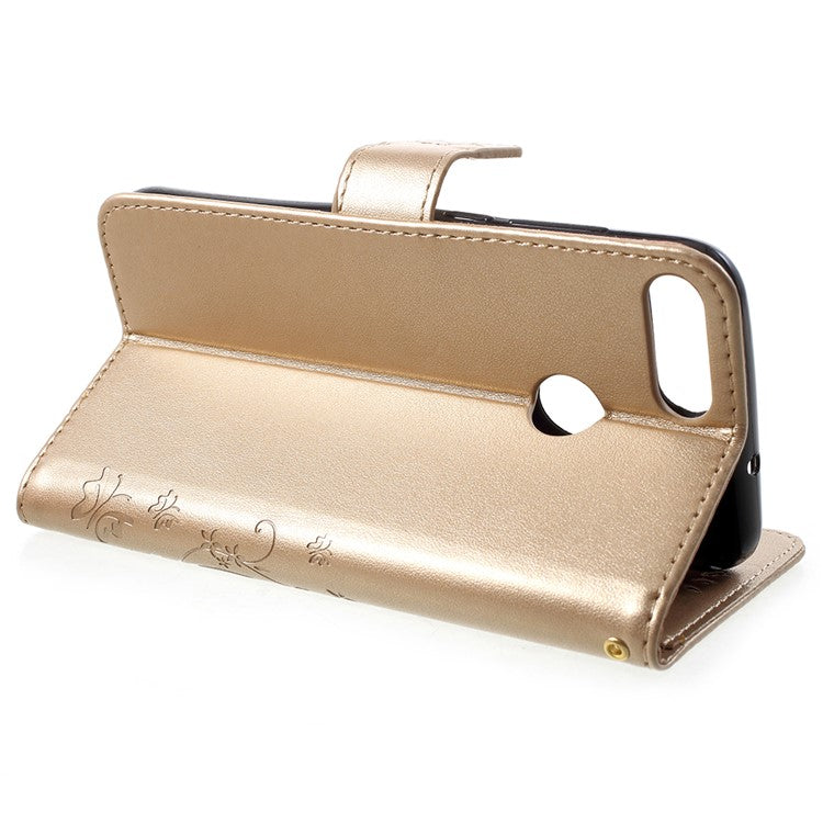 Imprint Butterfly Flower Leather Wallet Stand Phone Casing for Huawei P Smart / Enjoy 7S - Gold