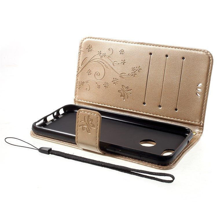 Imprint Butterfly Flower Leather Wallet Stand Phone Casing for Huawei P Smart / Enjoy 7S - Gold
