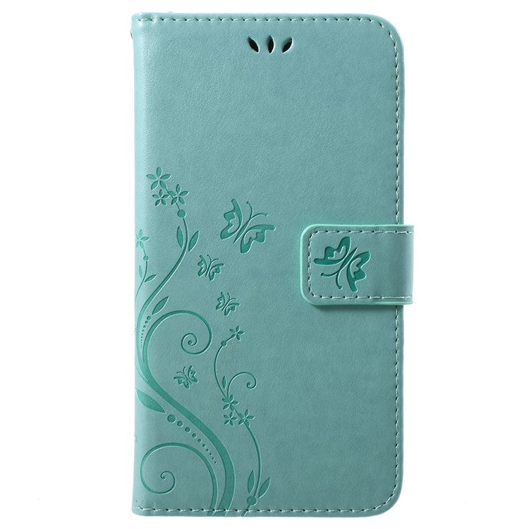 Imprint Butterfly Flower Leather Wallet Stand Mobile Cover for Huawei P Smart / Enjoy 7S - Cyan