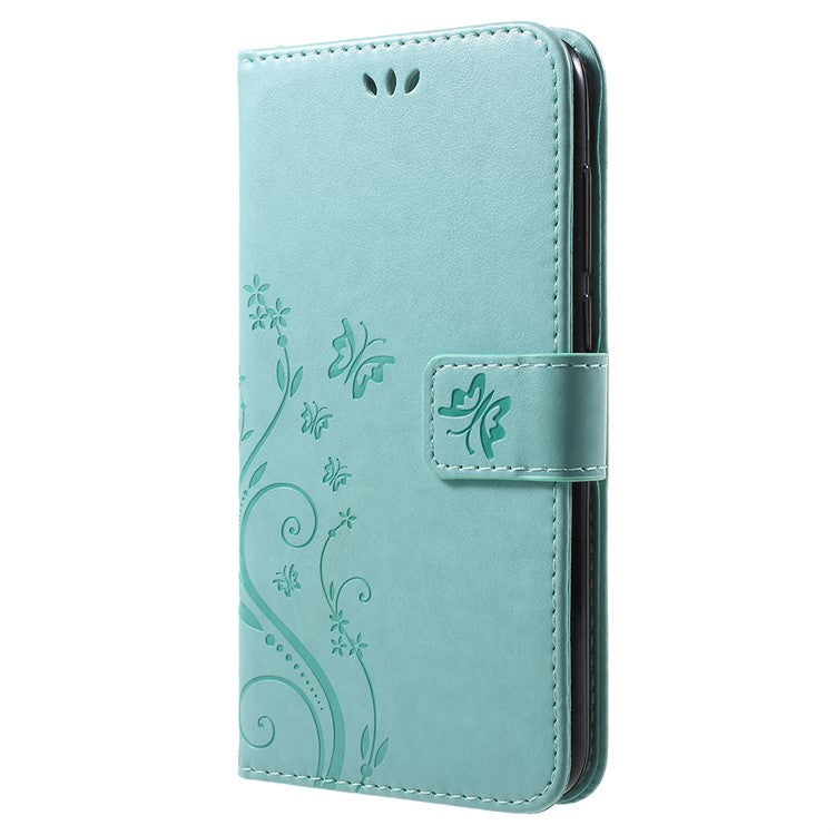 Imprint Butterfly Flower Leather Wallet Stand Mobile Cover for Huawei P Smart / Enjoy 7S - Cyan