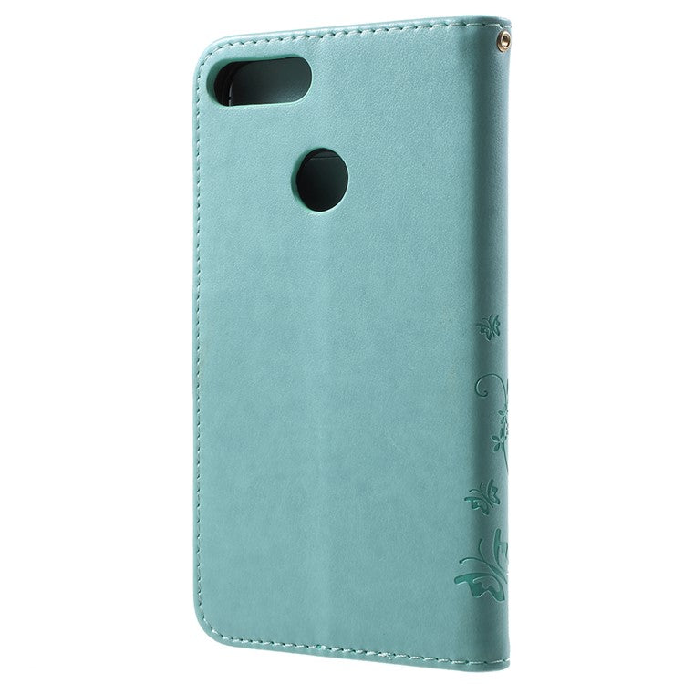 Imprint Butterfly Flower Leather Wallet Stand Mobile Cover for Huawei P Smart / Enjoy 7S - Cyan
