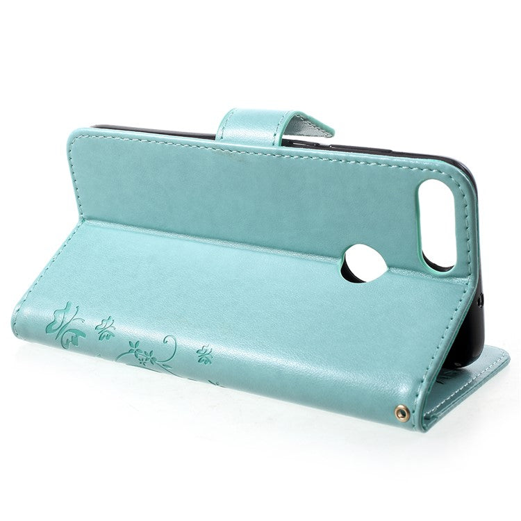 Imprint Butterfly Flower Leather Wallet Stand Mobile Cover for Huawei P Smart / Enjoy 7S - Cyan
