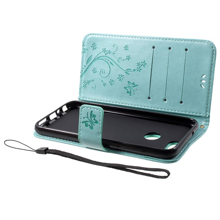 Imprint Butterfly Flower Leather Wallet Stand Mobile Cover for Huawei P Smart / Enjoy 7S - Cyan