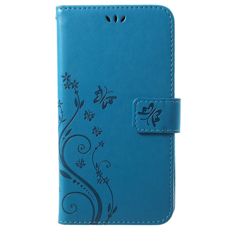 Imprint Butterfly Flower Leather Wallet Stand Protective Case for Huawei P Smart / Enjoy 7S - Blue