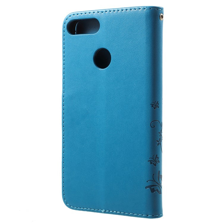Imprint Butterfly Flower Leather Wallet Stand Protective Case for Huawei P Smart / Enjoy 7S - Blue