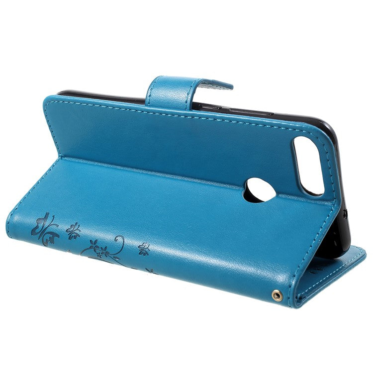 Imprint Butterfly Flower Leather Wallet Stand Protective Case for Huawei P Smart / Enjoy 7S - Blue