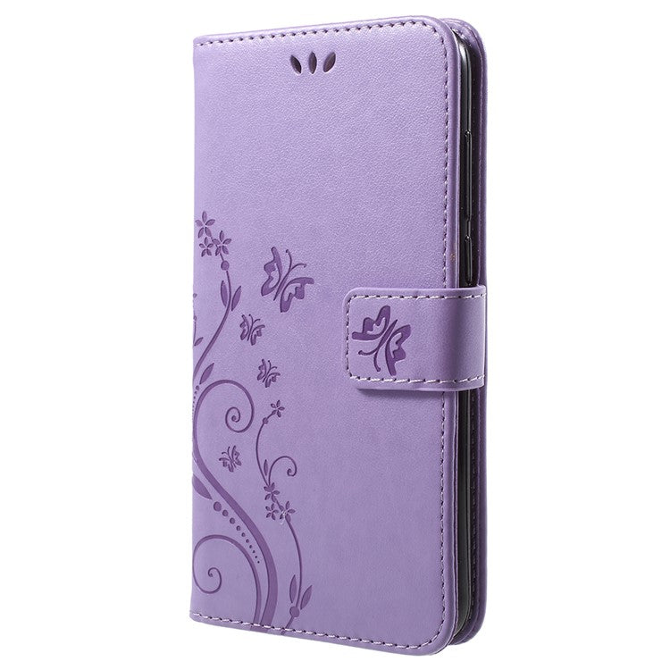 Imprint Butterfly Flower Leather Wallet Stand Protection Cover for Huawei P Smart / Enjoy 7S - Light Purple