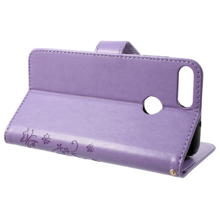 Imprint Butterfly Flower Leather Wallet Stand Protection Cover for Huawei P Smart / Enjoy 7S - Light Purple