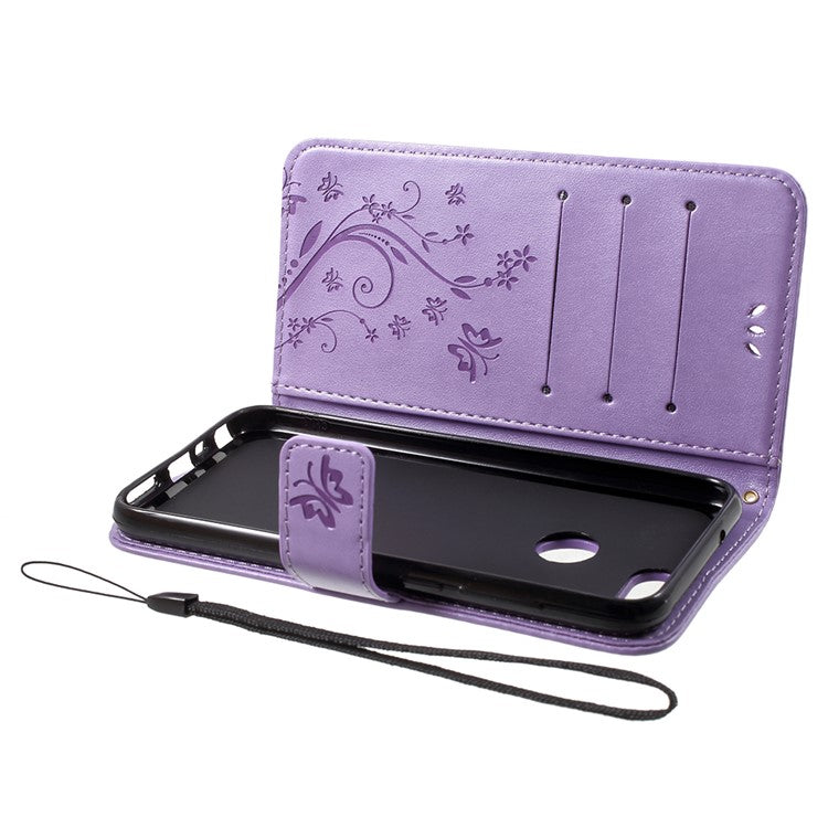 Imprint Butterfly Flower Leather Wallet Stand Protection Cover for Huawei P Smart / Enjoy 7S - Light Purple