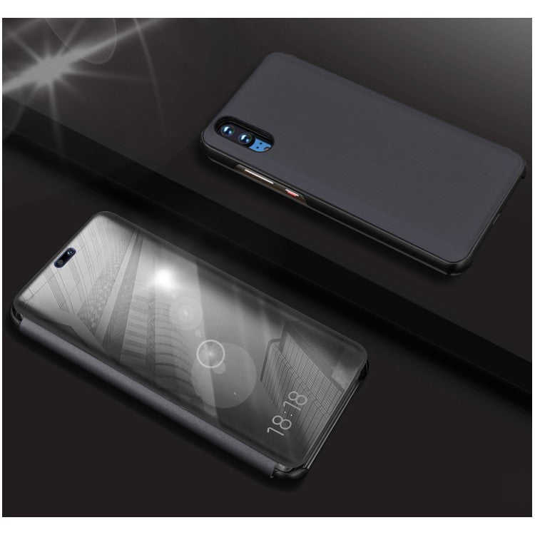 Electroplating Mirror Surface View Window Leather Stand Cover for Huawei P20 Pro - Black