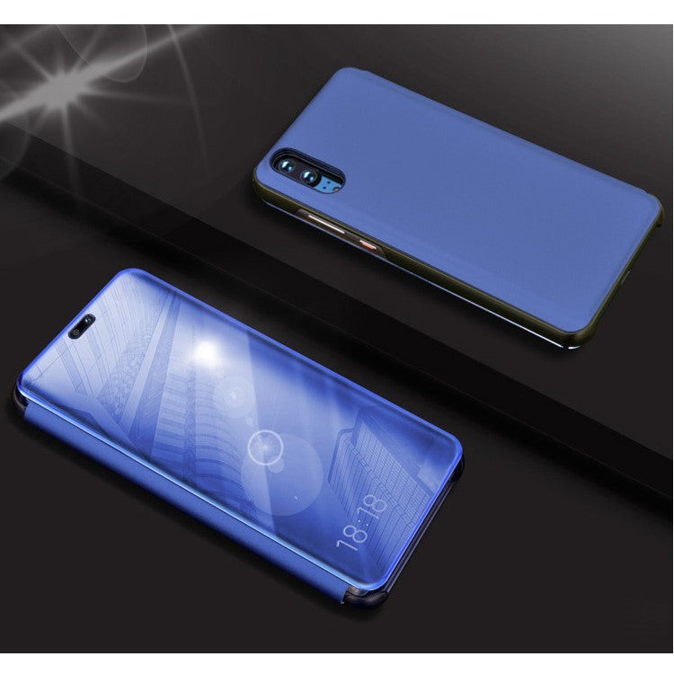 Electroplating Mirror Surface View Window Leather Stand Shell for Huawei P20 Pro - Blue