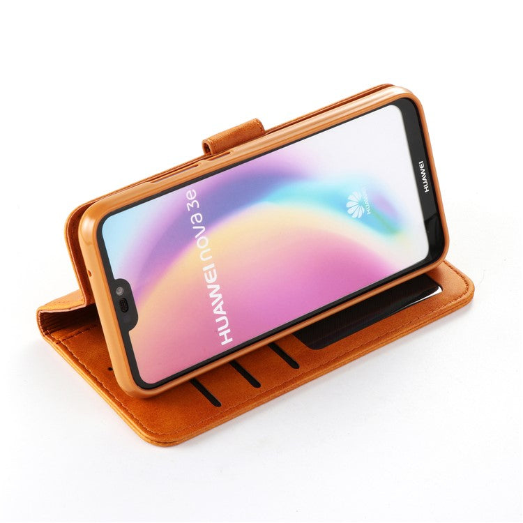 LC.IMEEKE Leather Mobile Phone Case for Huawei P20 Lite/Nova 3e with Reversible Magnetic Clasp Wallet Stand Functions  - Brown