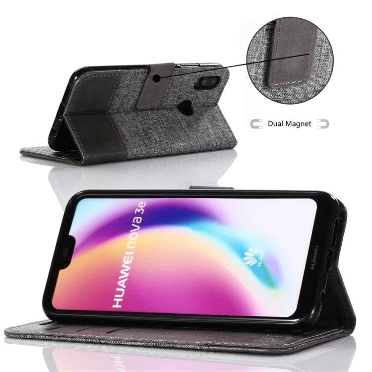 MUXMA Leather Canvas Splicing Stand Mobile Cover for Huawei P20 Lite/Nova 3e - Grey