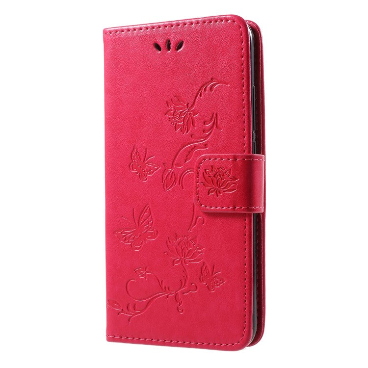 Imprint Butterfly Flowers Leather Wallet Shell Case for Huawei Honor 10 - Rose
