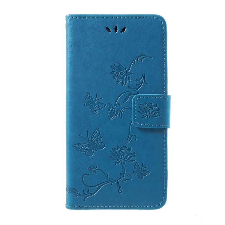 Imprint Butterfly Flowers Wallet Leather Stand Cover for Huawei Honor 10 - Blue