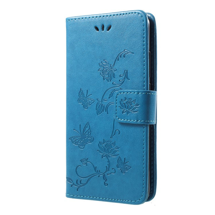 Imprint Butterfly Flowers Wallet Leather Stand Cover for Huawei Honor 10 - Blue