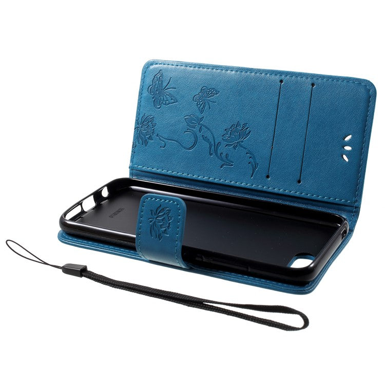 Imprint Butterfly Flowers Wallet Leather Stand Cover for Huawei Honor 10 - Blue
