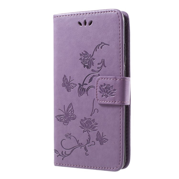 Imprint Butterfly Flowers PU Leather Wallet Case for Huawei Honor 10 - Light Purple