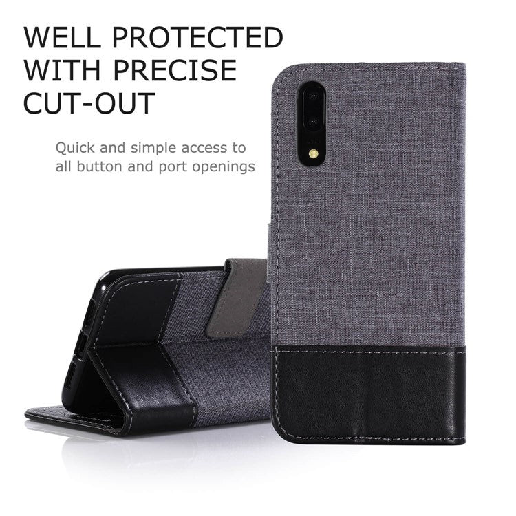 MUXMA Leather Canvas Splicing Stand Mobile Casing for Huawei P20 - Black