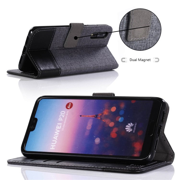 MUXMA Leather Canvas Splicing Stand Mobile Casing for Huawei P20 - Black