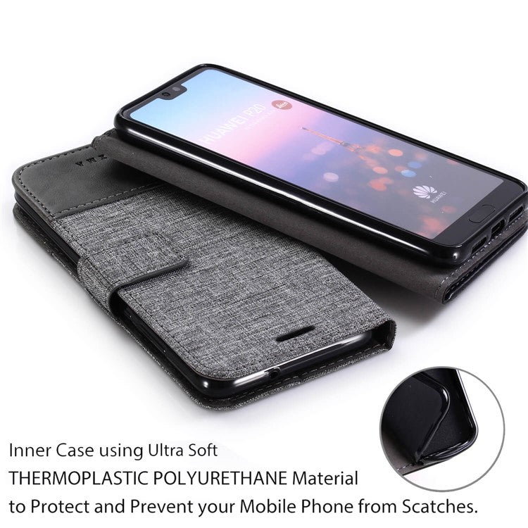 MUXMA Leather Canvas Splicing Stand Mobile Casing for Huawei P20 - Black