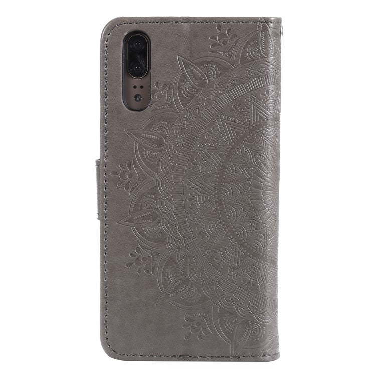 Imprint Mandala Flower Stand Wallet Leather Cover for Huawei P20 - Grey