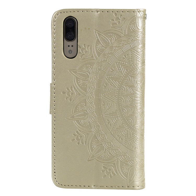 Imprint Mandala Flower Stand Wallet Leather Mobile Phone Case for Huawei P20 - Gold