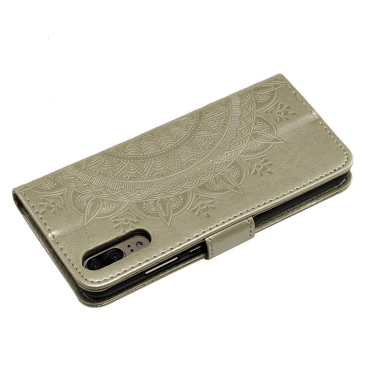 Imprint Mandala Flower Stand Wallet Leather Mobile Phone Case for Huawei P20 - Gold