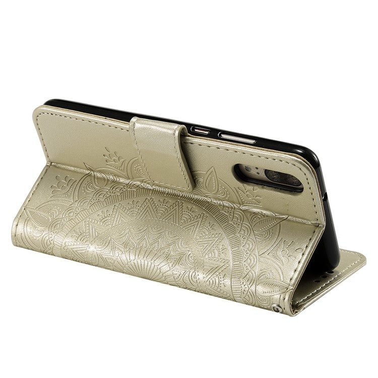 Imprint Mandala Flower Stand Wallet Leather Mobile Phone Case for Huawei P20 - Gold