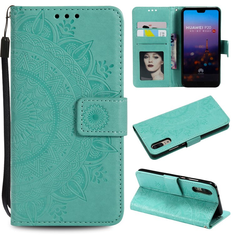 Imprint Mandala Flower Stand Wallet Leather Cell Phone Case for Huawei P20 - Cyan