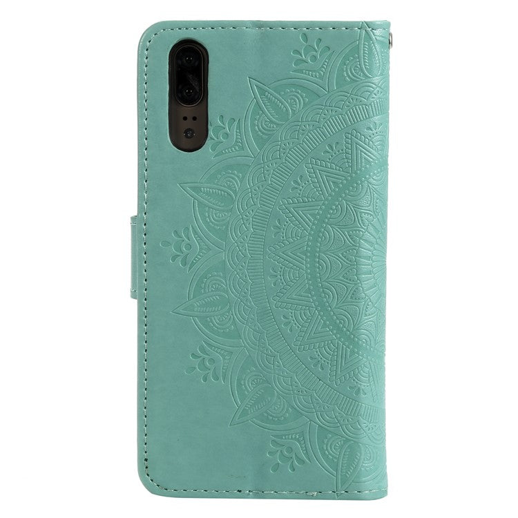 Imprint Mandala Flower Stand Wallet Leather Cell Phone Case for Huawei P20 - Cyan