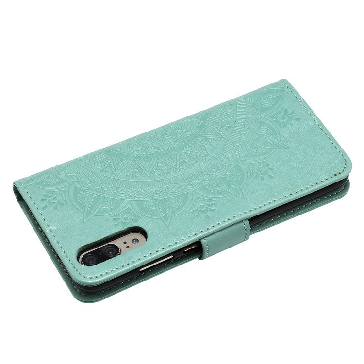 Imprint Mandala Flower Stand Wallet Leather Cell Phone Case for Huawei P20 - Cyan