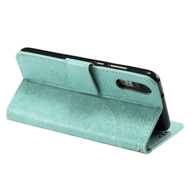 Imprint Mandala Flower Stand Wallet Leather Cell Phone Case for Huawei P20 - Cyan