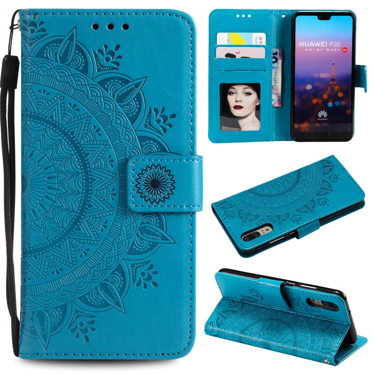 Imprint Mandala Flower Stand Wallet Leather Protective Case for Huawei P20 - Blue