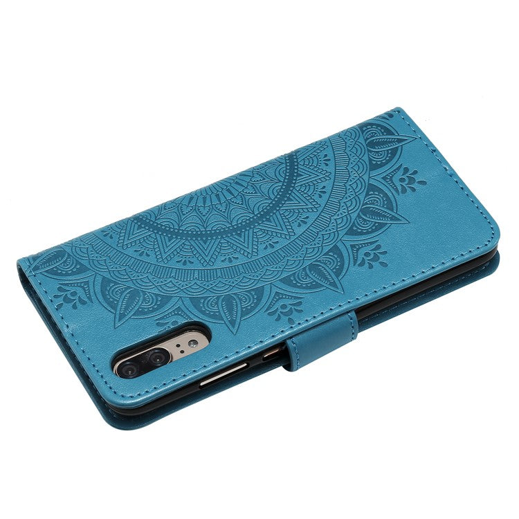Imprint Mandala Flower Stand Wallet Leather Protective Case for Huawei P20 - Blue