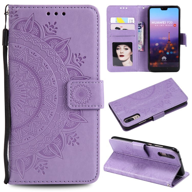 Imprint Mandala Flower Stand Wallet Leather Protective Cover for Huawei P20 - Purple