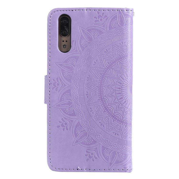 Imprint Mandala Flower Stand Wallet Leather Protective Cover for Huawei P20 - Purple