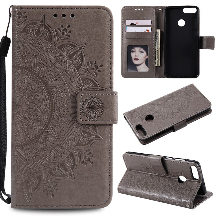 Imprint Butterfly Flower Leather Wallet Case for Huawei P Smart / Enjoy 7S - Grey