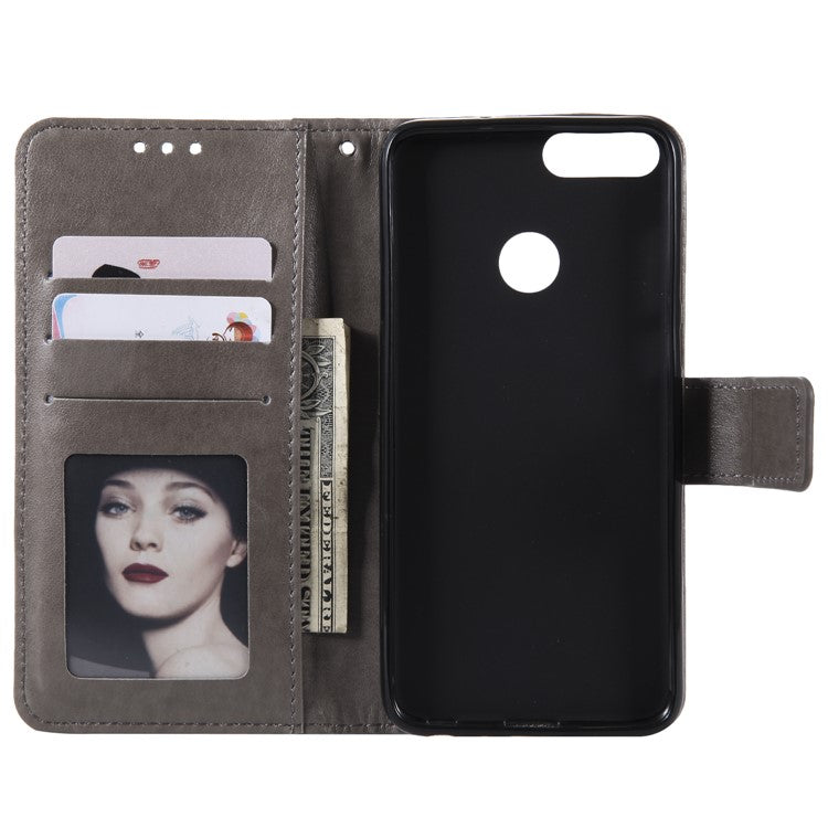 Imprint Butterfly Flower Leather Wallet Case for Huawei P Smart / Enjoy 7S - Grey