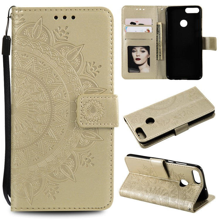 Imprint Butterfly Flower Wallet Leather Stand Case for Huawei P Smart / Enjoy 7S - Champagne Gold
