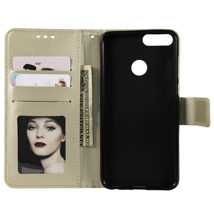 Imprint Butterfly Flower Wallet Leather Stand Case for Huawei P Smart / Enjoy 7S - Champagne Gold