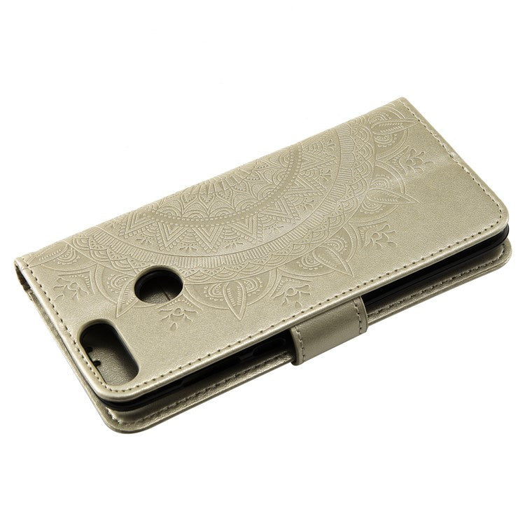 Imprint Butterfly Flower Wallet Leather Stand Case for Huawei P Smart / Enjoy 7S - Champagne Gold