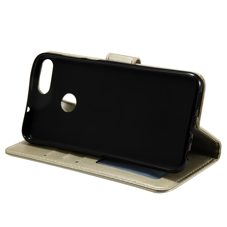 Imprint Butterfly Flower Wallet Leather Stand Case for Huawei P Smart / Enjoy 7S - Champagne Gold